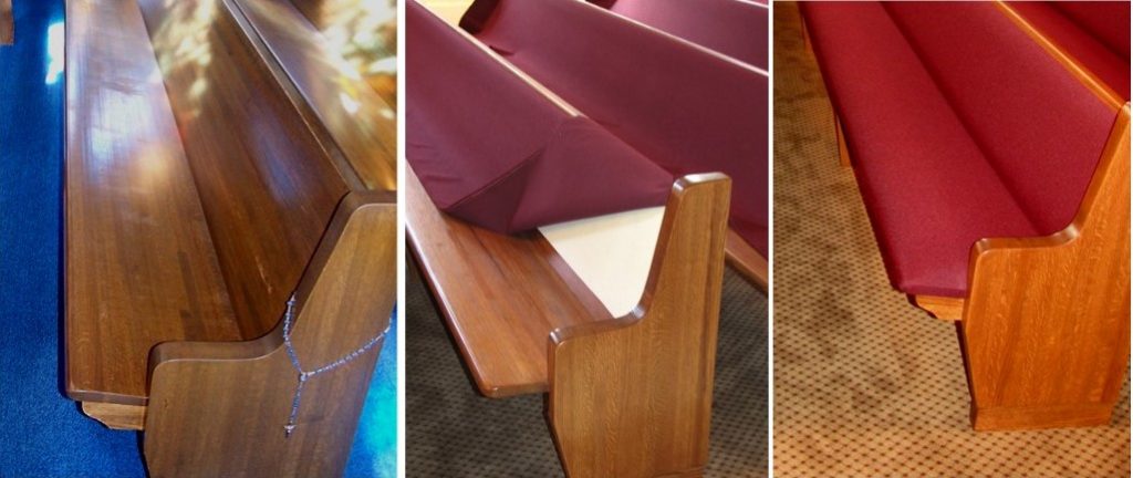 fixed cushions for wood pews, pew re-upholstery, church pew cushions