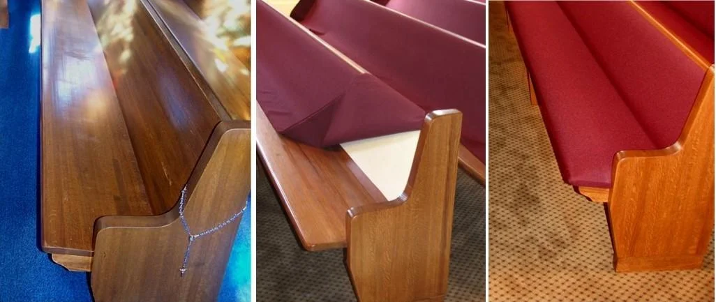 fixed pew cushions, pew re-upholstery, church pew cushions