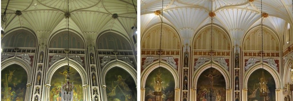 Church Painting and Plaster Repair | Our Lady of Good Counsel, New York, NY. Decorative painting before and after.