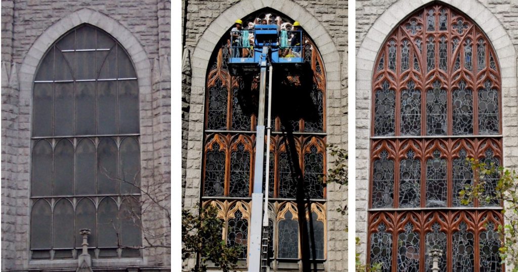 Egan Church Restorations Holy Name Stained Glass window frame repair, stained glass windows, stained glass window frames, stained glass protective glass, New York NY
