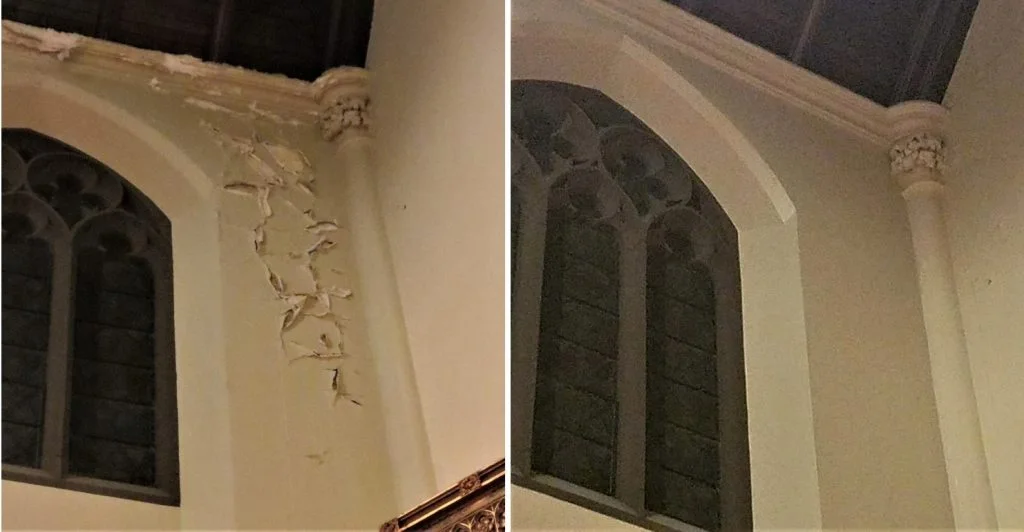 Egan Church Restorations Grace Episcopal Church Before After 2 plaster repair| church painting| church painting contractor| Rhode Island painter|