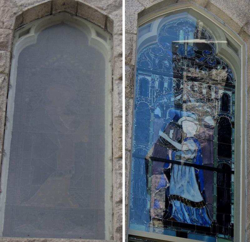 Egan Church Restorations Hurricane protection for LeFarge Stained Glass Window b John LeFarge Stained Glass window hurricane code protective coverings St Luke's Episcopal in East Greenwich, RI