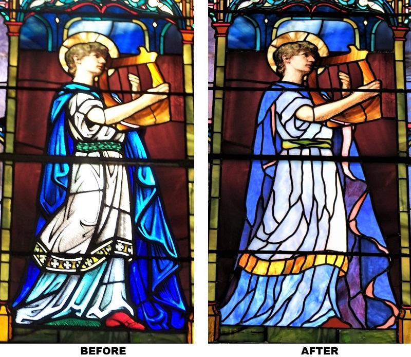 Egan Church Restorations Lefarge before and after b John LeFarge stained glass repair and restoration for St Luke's Episcopal in East Greenwich, RI - Before & After