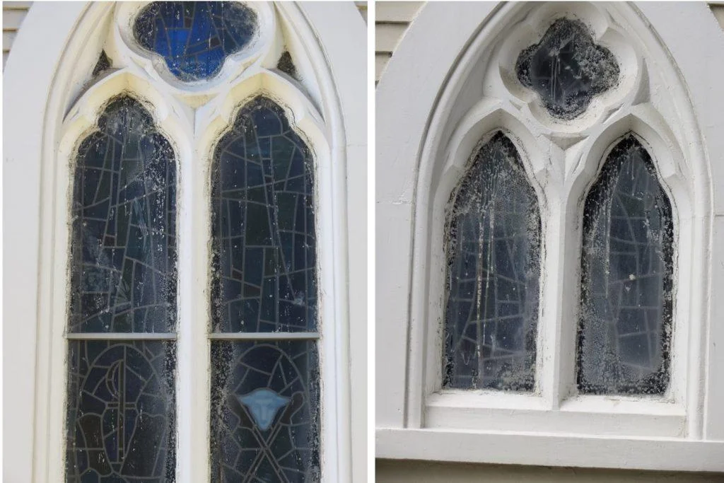 Egan Church Restorations Before pub stained glass repair, stained glass protectie glass, stained glass protective coverings