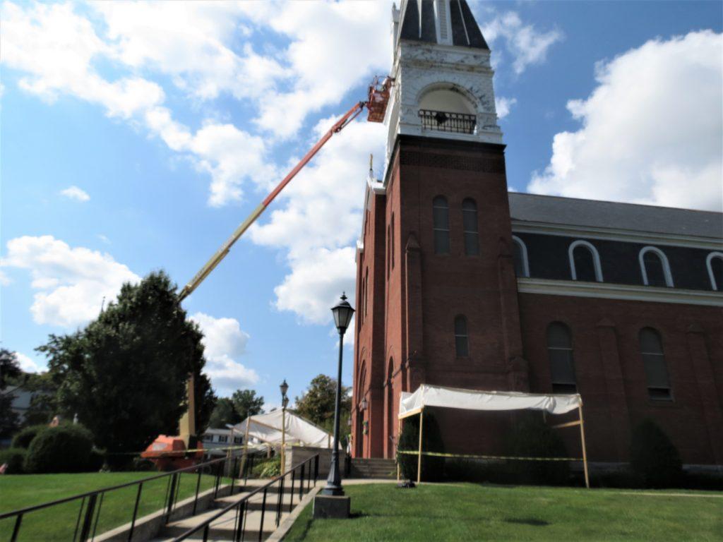 Egan's Church Restorations IMG 7343 exterior painting, church painting, steeple repair, steeple painting, Fall River MA