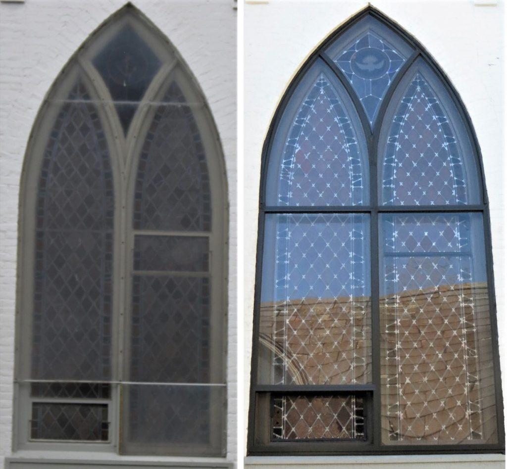 church stained glass windows, stained glass window repair, stained glass window protective coverings, Ithaca NY