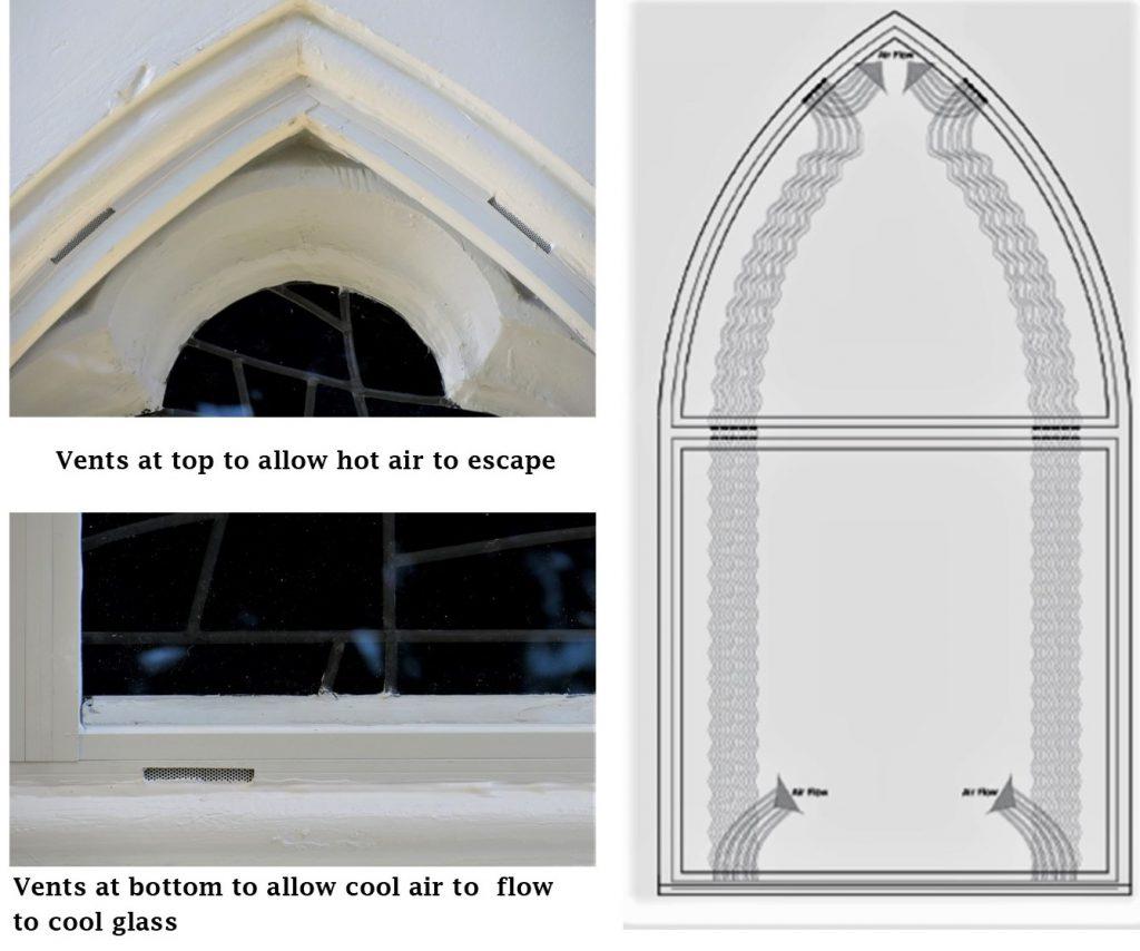 Egan Church Restorations air flow stained glass, stained glass protective glass, stained glass protective coverings