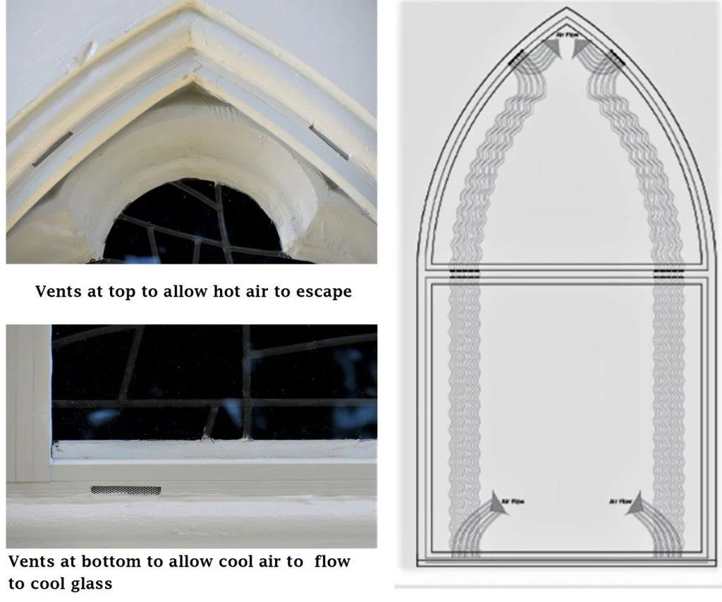 Egan Church Restorations air flow church stained glass window, stained glass repair, stained glass protective glass, stained glass protective coverings