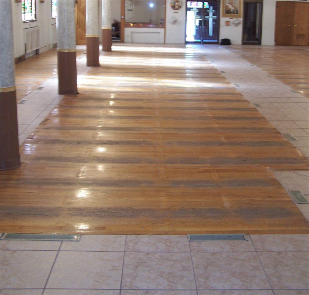 Good counsel before and after 2 hardwood flooring, oak flooring, hardwood floor, sanctuary flooring, church flooring.