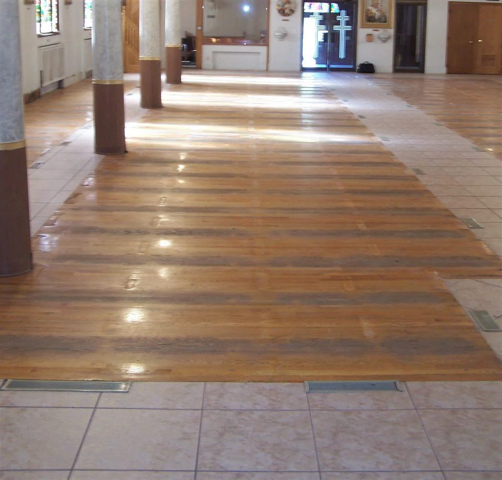 Good counsel before and after 2 hardwood flooring, oak flooring, hardwood floor, sanctuary flooring, church flooring.