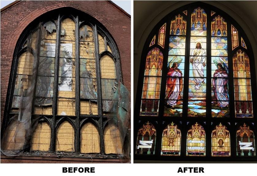 Egan Church Restorations Brooklyn stained glass window repair, church stained glass window restoration, stained glass window frames, Brooklyn NY
