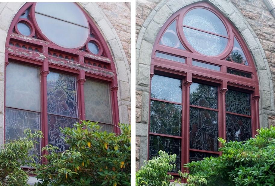 stained glass window repair, stained glass window frame repair, stained glass window protective glass, Newport RI