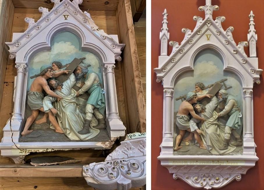 Egan Church Restorations Pawcatuck before and after 1 stations of the cross, stations of the cross repair, stations of the cross painting