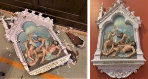 Egan's Church Restorations Pawcatuck before and after 2 stations of the cross, stations of the cross repair, stations of the cross painting, New London CT