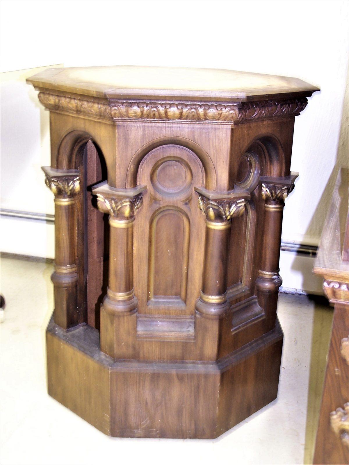 wood altar refinishing, pew refinishing