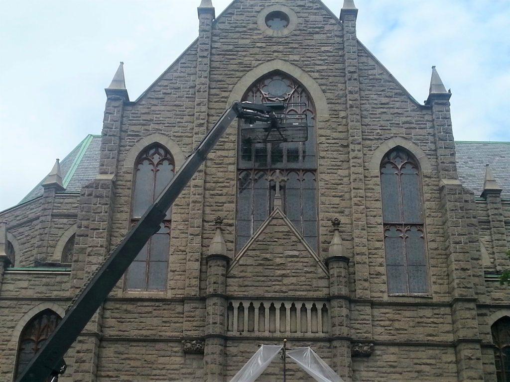 Egan Church Restorations Holy Name Manhattan. South transept. in progress church painting, church painter, church stained glass windows, exterior church painting, New York NY
