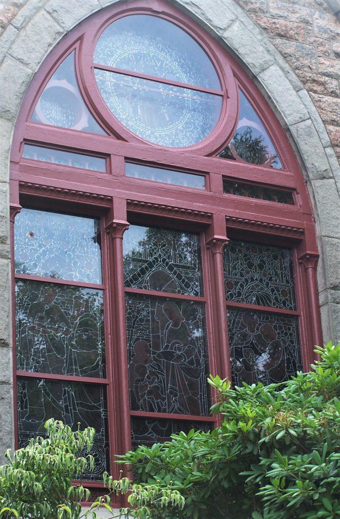 exterior church painting, church painter, church stained glass windows, stained glass window frame repair, Newport RI