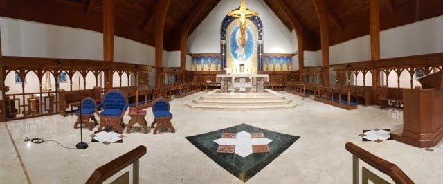Marble church flooring installed at St Francis University Chapel in Loretto, PA. - church flooring, marble tile, church marble floors