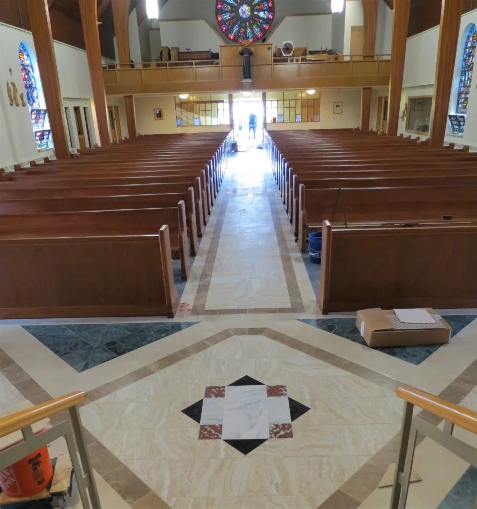 Egan Church Restorations church pew refinishing and marble tile pew refinishing, pew repair, wood pew refinishing