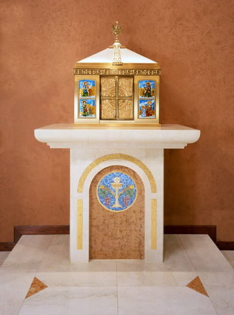marble altar, marble tabernacle stand, marble mosaic