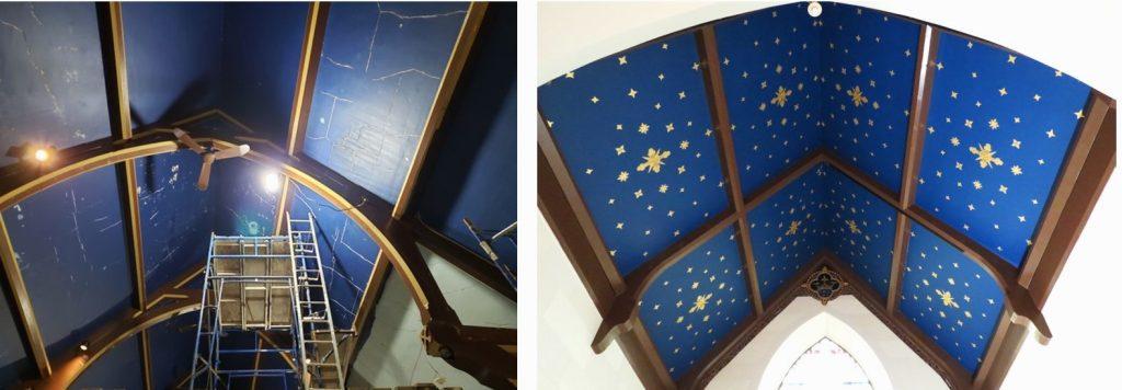 Egan Church Restorations Ceiling before and after church painting, plaster repair, decorative painting