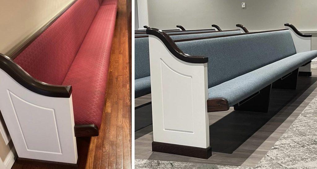 Egan Church Restorations pew re upholstery before and after reupholstery of pew cushions, pew cushion upholstery, pew cushiongs