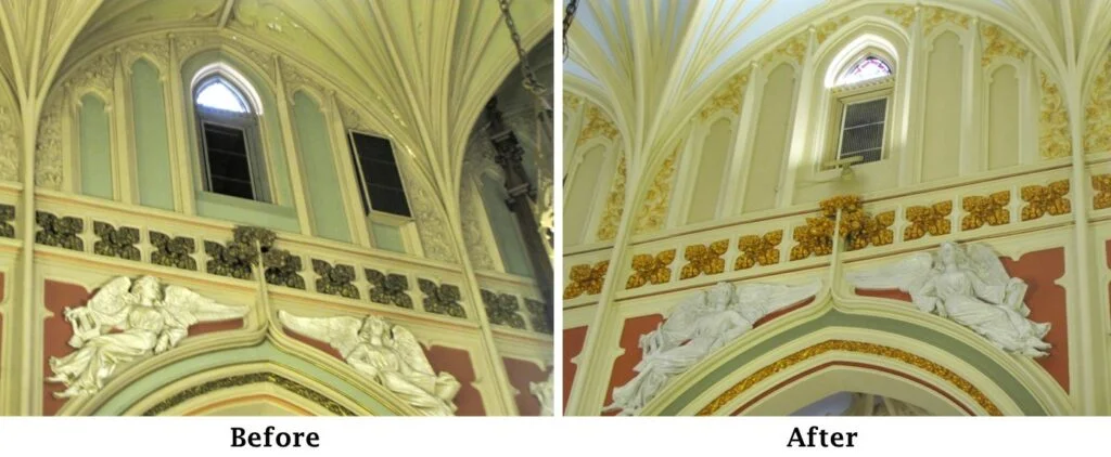 Egan's Church Restorations OL Good Counsel before and after church painting, church renovation, decorative painting, #church painting, #church renovations