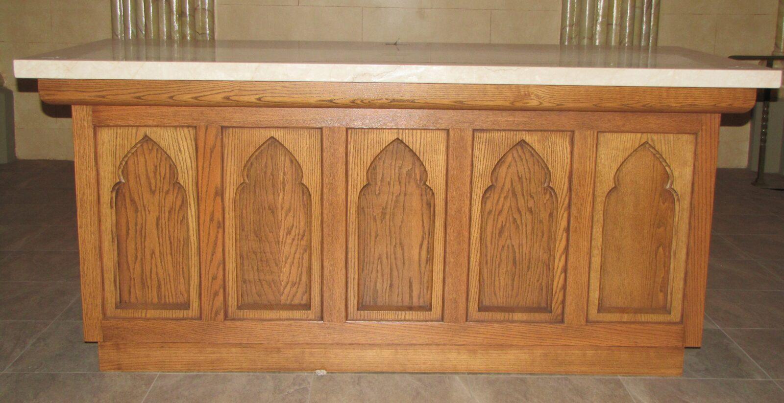 wood altar, altar, wood altar with marble top, altar with marble mensa