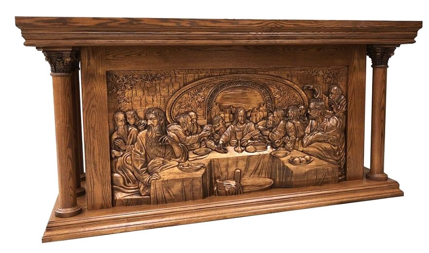 wood altar, last supper wood altar, altar, church altar